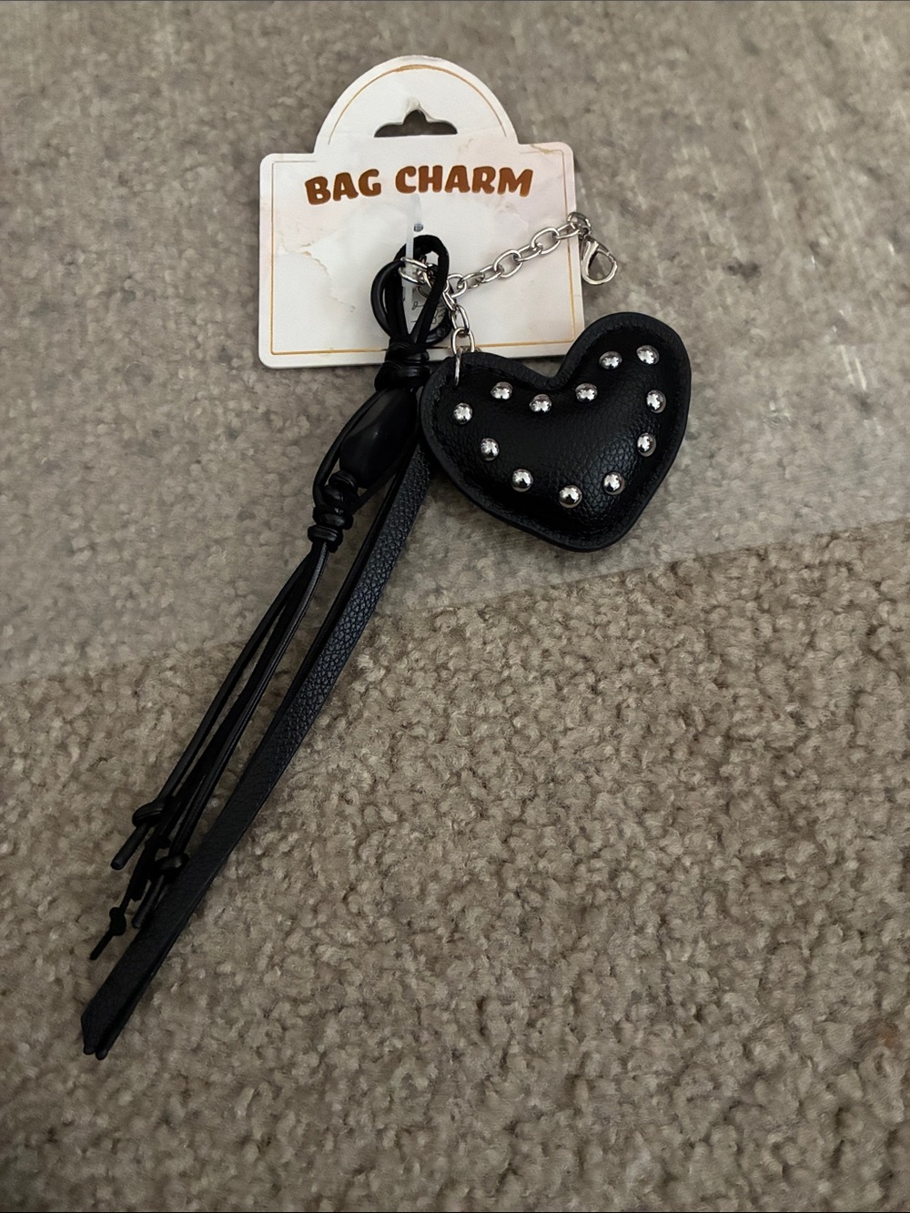 Bag Charm Heart Keychain with Stud Accents - Black
